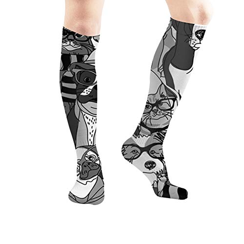 Fashion Cats Dogs Glasses Gray Scale Animals Wildlife Dog Tube Knee High Socks 50Cm Unisex Over-The-Calf Tube Sports Socks Extra Long Compression Stocking