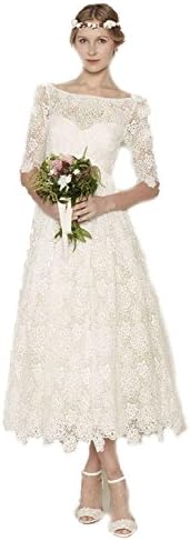 BKSKK Lace Tea Length Half Sleeve Wedding Dresses Appliques Bridal Gown (14, White)