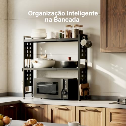 Heemli Suporte Organizador para Microondas e Especiarias, Escalável Prateleira de Cozinha em Aço Carbono Preto, Multifuncional 3 Níveis com Gancho para Utensílios Armazenar(44-68cm)