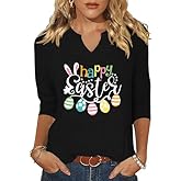 ehizrvo 3/4 Sleeve V Neck Shirts for Women Cute Bunny Easter Eggs Graphic Shirts Spring Outdoor Comfort Tops Blouse