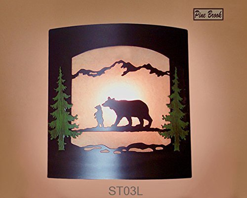 Wall Sconce Rustic Bears Light, Cabin Decor Lamp, Hand-Painted Pine Tree Left Facing - Thumbnail 2