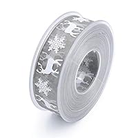 Xie5Qing Christmas Ribbon Wired, 10 M 25 M Christmas Decoration Organza Ribbon Printed Merry Christmas Ribbons for Christmas Decoration DIY Gift Wrapping,Gray,20meters