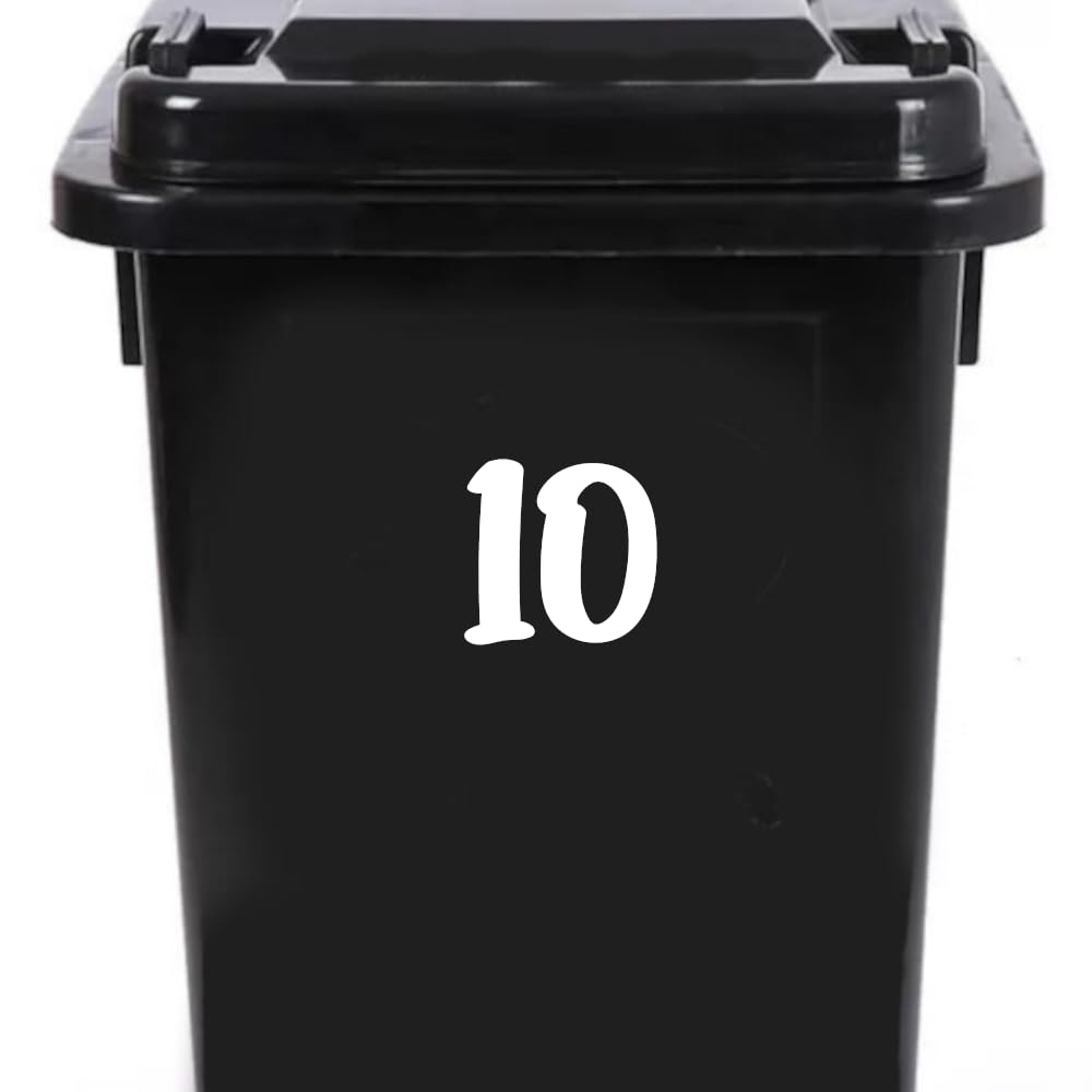 Pack of 4 House Number Wheelie Bin Stickers - Waterproof Decals - Easy-to-Apply - Recycling Boxes - Party Decorations (10)