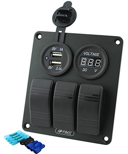 Iztoss 3 gang rocker switch panel with DC12V/24V voltmeter 3.1A(2.1A+1A) dual USB wiring kits DC12V/24V for Marine Boat Car Rv Vehicles Truck Red led