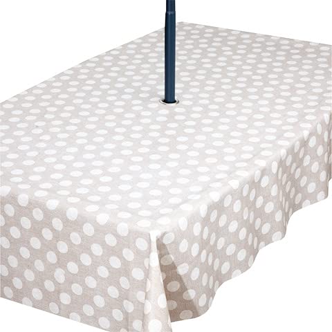 Rosie Lane PVC Wipe Clean Wipeable Waterproof Garden Outdoor Tablecloth with Stainless Steel Parasol Umbrella Hole in Lovely Beige and Cream Polka Dot Design Rectangle 200cm x 140cm