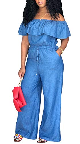 Huisifang Women's Elegant Denim Jumpsuits Ruffle Wide Leg Pants Jumpsuit Romper with Pockets Plus Size