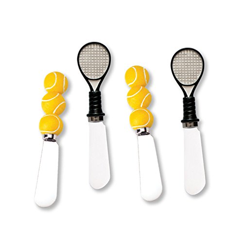 Wine Things Tennis Themed Cheese Spreaders, Hand-Painted Resin Handles with Stainless Steel Blades for Spreading Cream Cheese, Butter, and Jam, Assorted Designs, Set of 4