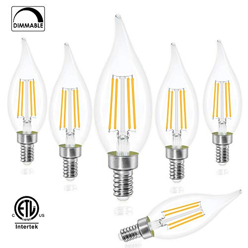Sailstar Dimmable LED Candelabra Bulbs,40W Equivalent,4000K Daylight White,4 Watt Chandelier Light Bulb,LED Edison Bulb,E12 Base Filament Flame Tip,500 Lumen,6 Pack