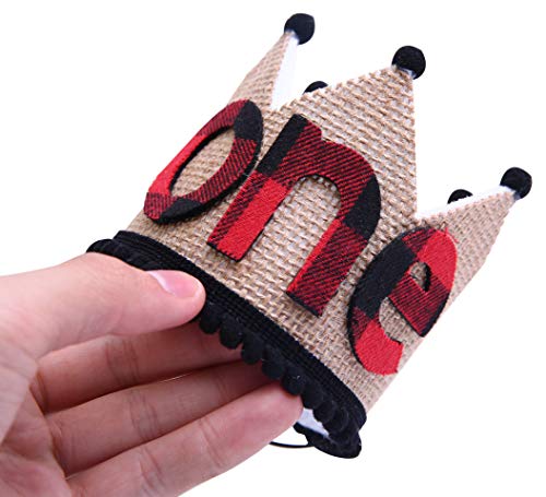 WAOUH 1st Birthday for Lumberjack Crown - Buffalo Plaid Burlap First Birthday Crown - Buffalo Check Plaid Party- Stiffened Burlap Crown Hat-Wild One (1st Birthday Lumberjack Crown)