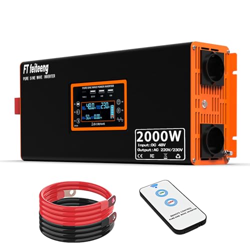 48 V 2000 W Inverter 48 V to 230 V Pure Sine Wave Voltage Converter with LCD Display 2 EU Sockets and 4 USB Type-C Ports Converter Remote Control for Motorhome Car Camping