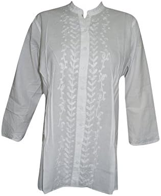 Mogul Interior Womens Shirt Blouse White Hand Embroidered Free Spirited Tunic Top Swimsuit Cover Up