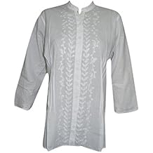 Mogul Interior Womens Shirt Blouse White Hand Embroidered Free Spirited Tunic Top Swimsuit Cover Up
