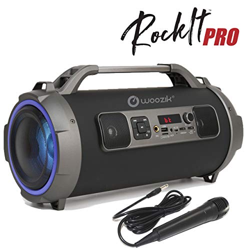 Woozik Rockit Pro Bluetooth Speaker, Indoor Outdoor Wireless Boombox with FM Radio, and Micro SD Card, USB, MIC, and Aux 3.5mm Support, Microphone for Karaoke Machine, Party, LED Lights and Subwoofer