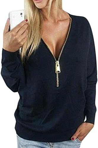 LTYY Women's Deep V-neck Sexy Zipper Solid Color Long Sleeve T-shirt black L