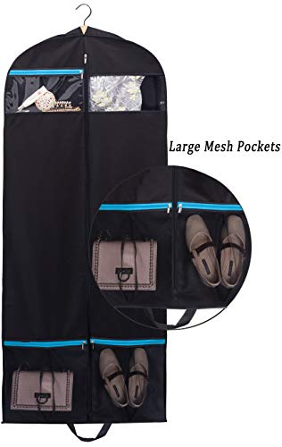 KIMBORA 60" Black Garment Bag Breathable Travel Storage with 2 Large Mesh Pockets and Carry Handles for Suits, Dresses, Coats, Tuxedos Cover (Pack of 2)