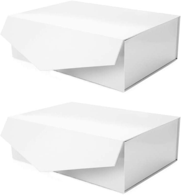 PACKHOME Large Gift Boxes Rectangular 14x9.5x4.5 Inches Bridesmaid Proposal Boxes, Sturdy Storage Boxes, Collapsible Gift Boxes with Magnetic Closure (Glossy White, 2 Boxes)