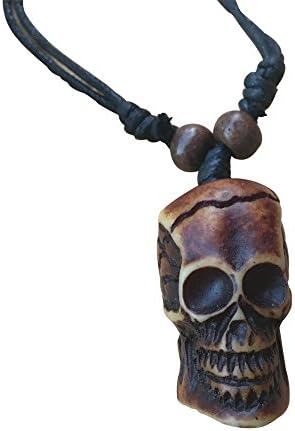 RUNSUN Valentines Gift Punk Brown Skull Face Necklace Hip Pop Evil Big Eyes Wood Personalized Pendant Chain Adjustable Rope