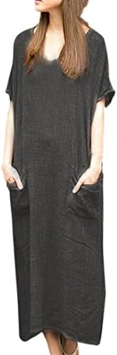 Women Loose Cotton Linen Short Sleeve Waistband Long Maxi Dress Kaftan Baggy