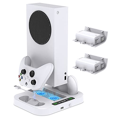 Upgraded Cooling Stand for Xbox Series S Console with Dual Cooling Fan 3 Speed Adjustable, Dual Controller Charger with LED Indicator and Extra Two 1400mAh Rechargeable Battery(Not for Xbox One S/X)