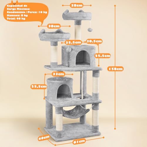 Arranhador de 158 cm Torre de Gatos Grande Cinzento Claro