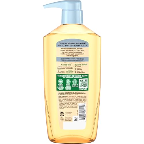 GARNIER WHOLE BLENDS HONEY WATER MOISTURE RESTORING SHAMPOO, HAIR CARE FOR DRY HAIR AND DRY SCALP WITH HONEY NECTAR AND FLORAL WATER, 28 FL OZ