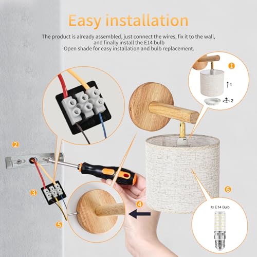 Gleonlux Vintage Interior Wall Light, Industrial Wood Wall Light E14, Retro Wall Lamp Fabric Lampshade, Sconces for Bedroom, Hallway, Living Room, Stairs, Bulb Not Included, Linen