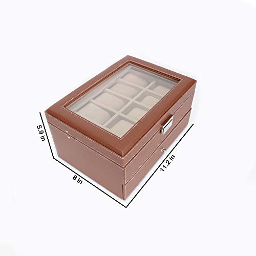 GUKA Watch Box 10 Slot Watch Display Organizer Leather Jewelry Case Drawer Glass Top Lockable, Birthday for Men Women, Child Husband Dad - Thumbnail 5