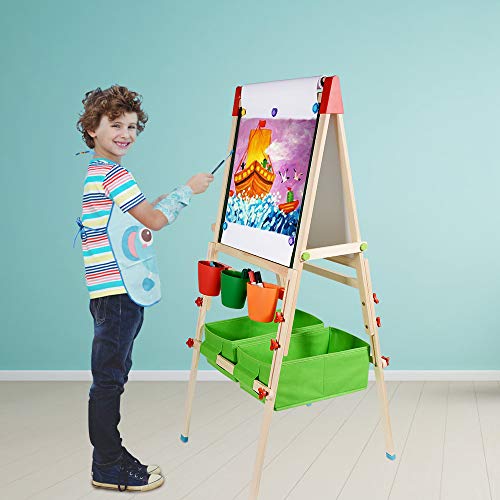 CIRO kids wooden art easels 3-in-1 chalkboard/whiteboard/paper roll (1 apron, 2 gloves, a full set of art supplies accessories)