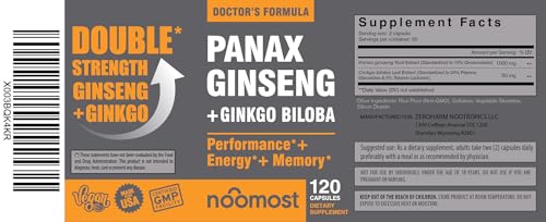 NooMost Authentic Korean Red Panax Ginseng + Ginkgo Biloba, 120 Vegan Capsules, Ginseng Root Extract Powder 1000mg (10% Ginsenosides) + Gingko Biloba 60mg, Energy and Focus Pills for Men and Women