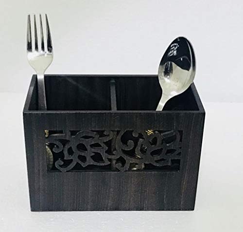 Cocktail Decor Step MDF Wooden Vie Cutlery Stand Holder Organizer Stand for Kitchen and Dining with 2 Compartments - Brown Color