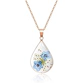 KBFORU Flower Necklaces for Women,Forget-Me-Not and Queen Anne's Lace Pressed Flower Necklace,Fashionable,Unique,Personalized Jewelry,Classic Teardrop-Shaped Resin Pendant - Gold | 18"