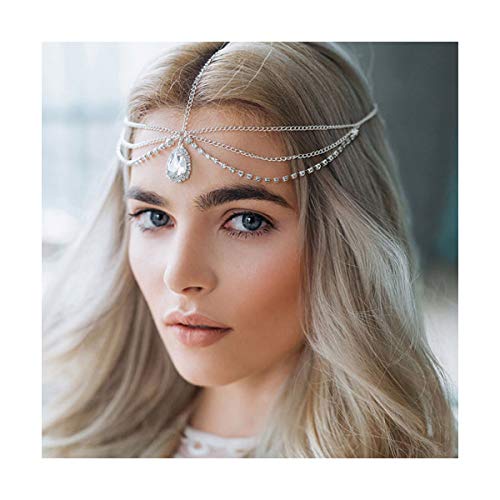 A&C Handmade Rhinestones Bridal Wedding Headband and Headpiece Jewelry for Women, Fashion Hot Sale Flower Hairband Hair Chain for Girls. (Silver)