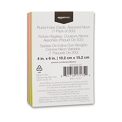Amazon Basics Ruled Index Flash Cards, Assorted Neon Colored, 4x6 Inch