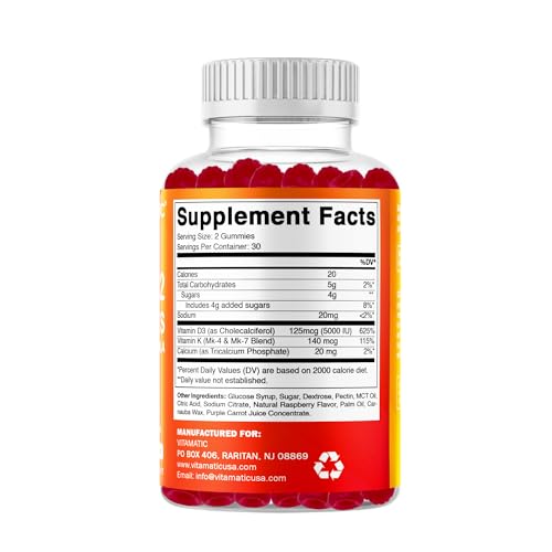 Vitamatic Vitamin D3 & K2 Gummies (2-Pack, 60 Count) Supports Healthy Bones, Heart Health, Calcium Absorption, and Immune Function Plant-Based, Non-GMO, Gluten-Free