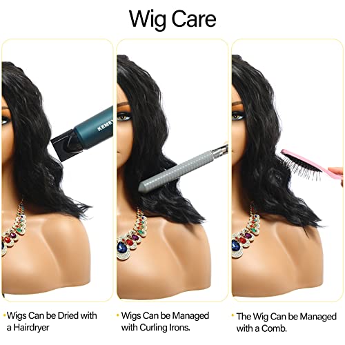 POPTAIYU Short Black Wavy Wigs Synthetic Shoulder Length Curly Wigs for Women Middle Part Bob Wigs for Daily Party Use (Black，15.7 inch)