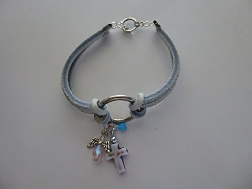 White Leather Circle Bracelet with Angel and Cross Charms