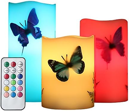 YAMUDA 3 PCS LED Candles Simulation of Paraffin 18-Key Remote Colorful Light Mode Flameless Paraffin Wax Candle Lights for Romance Decor (Butterfly)