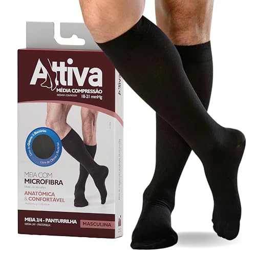 Meia de Compressão Masculina 3/4 Panturrilha Média 18-21 mmHg ATTIVA - Meia para Circulação, Varizes, Pernas Inchadas e Cansadas - Ideal para Trabalho, Viagem e Conforto Diário