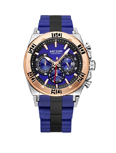 MEGIR Men's Watches Chronograph 24Hr Indicator Military Sports Watches Unique Business Casual Fashion Wristwatch Calendar Quartz Dial,Sillicone-Steel Band-Rose