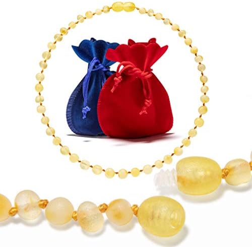 Raw Baltic Amber Teething Necklace For Babies Anti Inflammatory, Drooling & Teething Pain Reduce Properties Unpolished Natural Amber Necklace With Twist Clasp (Raw Milky (12,2 inch), Blue Pouch)