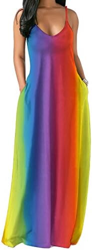 Ytwysj Women's V-Neck Spaghetti Straps Sleeveless Tie Dye Multicolor Rainbow Tapered Color Striped Boho Maxi Beach Dress