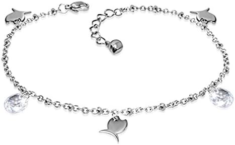 Stainless Steel Chain Link Anklet with Fish and White CZ Charms