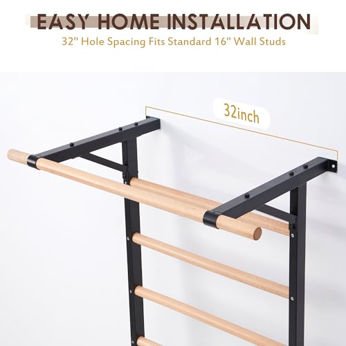 Morohope Solid Beechwood Stall Bar, 90" Swedish Ladder Wall Gym with Pull-up Bar & Dip Station, 220lbs Capacity Wall Mounted Gymnastics Ladder for Adult Home Gym, Stretching & Bodyweight Training