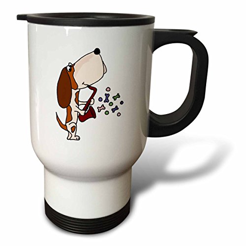 3dRose tm_195273_1 Funny Basset Hound Dog Playing Saxophone Travel Mug, 14-Ounce, Stainless Steel