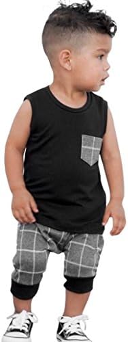 Dinlong Infant Baby Boys Summer Casual Clothes Set Plaid Pocket Vest Tops +Shorts (2T, Black)