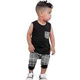 Dinlong Infant Baby Boys Summer Casual Clothes Set Plaid Pocket Vest Tops +Shorts (0~3 Month, Black)