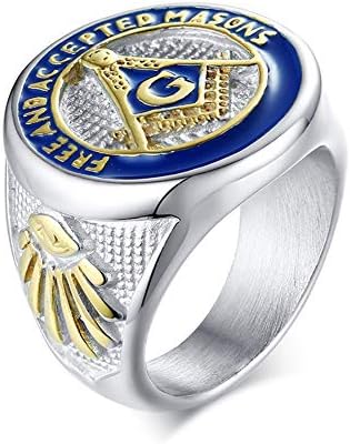 IFUAQZMen's Stainless Steel Freemason Symbol Masonic Ring Silver Gold Blue Free and Accepted Masons Signet Rings Band