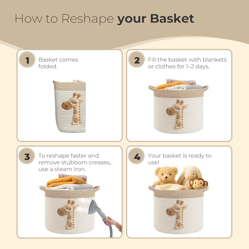Storage Basket for Nursery， Cotton Rope Bin with Soft Felt Animal Patch Toy Organizer, Baby Laundry Hamper, Diaper & Towel Holder Foldable, Washable Baby Safe（ Giraffes ）