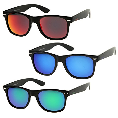 zeroUV - Matte Finish Reflective Color Mirror Lens Large Square Horn Rimmed Sunglasses 55mm (3 Pack | Red + Blue + Gree)