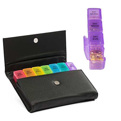 Jumbo Size 7 Day Weekly XL Pill Organizer Travel Box Vitamin Daily Reminder Extra Large [10.4″ X 7″ X 1.6″] XXL Pills Boxes Medication Container PU Leather AM Noon PM Pill Case from Zzteck